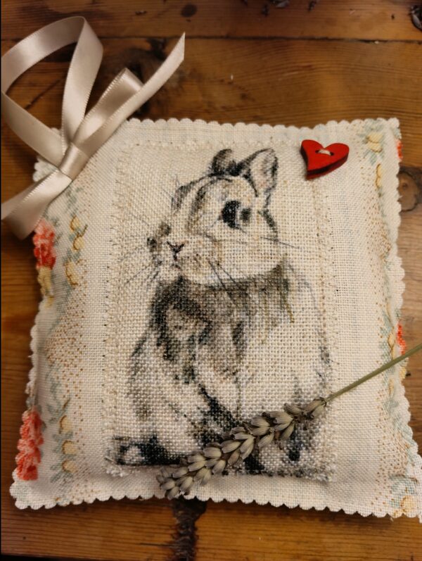 Stunning dwarf rabbit handmade large hanging lavender pillow made with Kate Forman linen