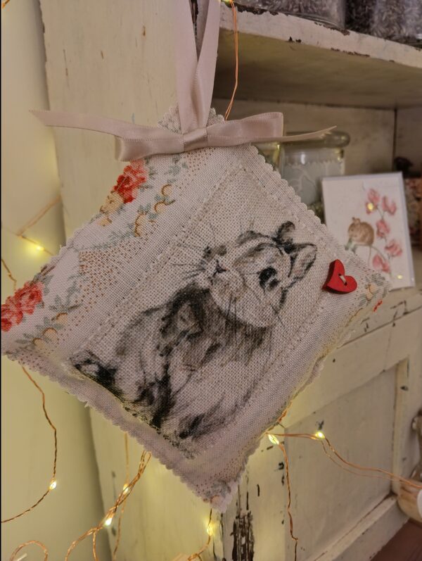 Stunning dwarf rabbit handmade large hanging lavender pillow made with Kate Forman linen - Image 3